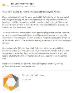 3/24/2016: Google shares their Nik Collection of professional photo filters for FREE! (was $149)